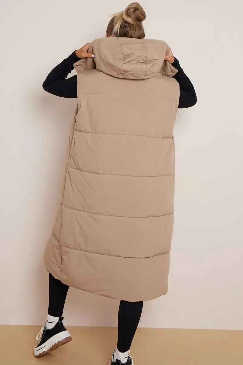 Camel Versatile Waist Tie Hooded Thermal Gilet