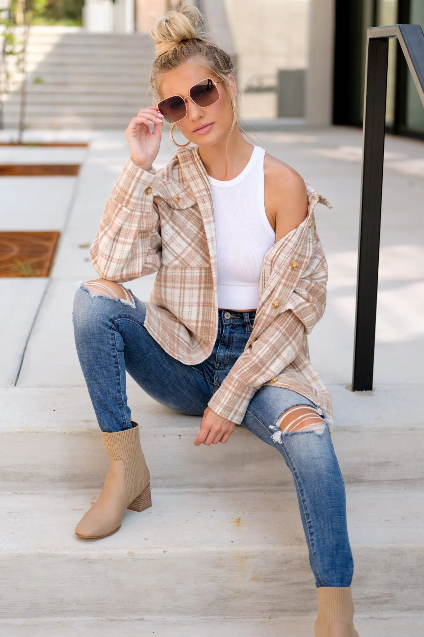 Casually Cozy Camel Multi Plaid Shacket