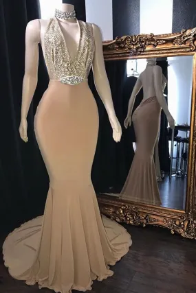 Champagne Long Halter Mermaid Prom Dresses Sexy V-Neck Backless Evening Gowns