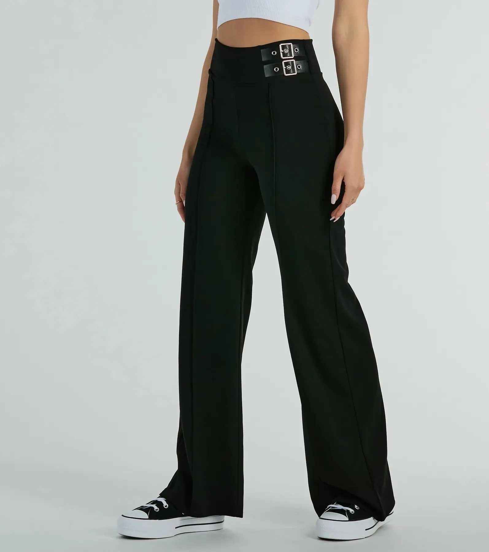 Chic Confidence Buckle Accent Trouser Pants