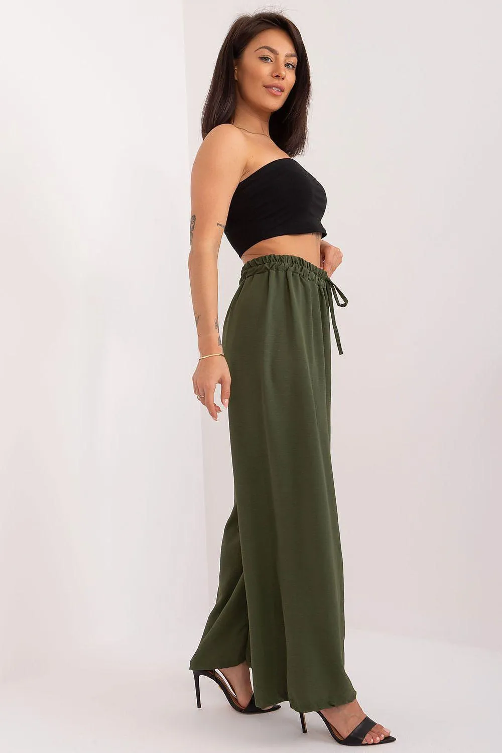 Chic High-Waist Fabric Pants with Waist Tie - Made in Europe