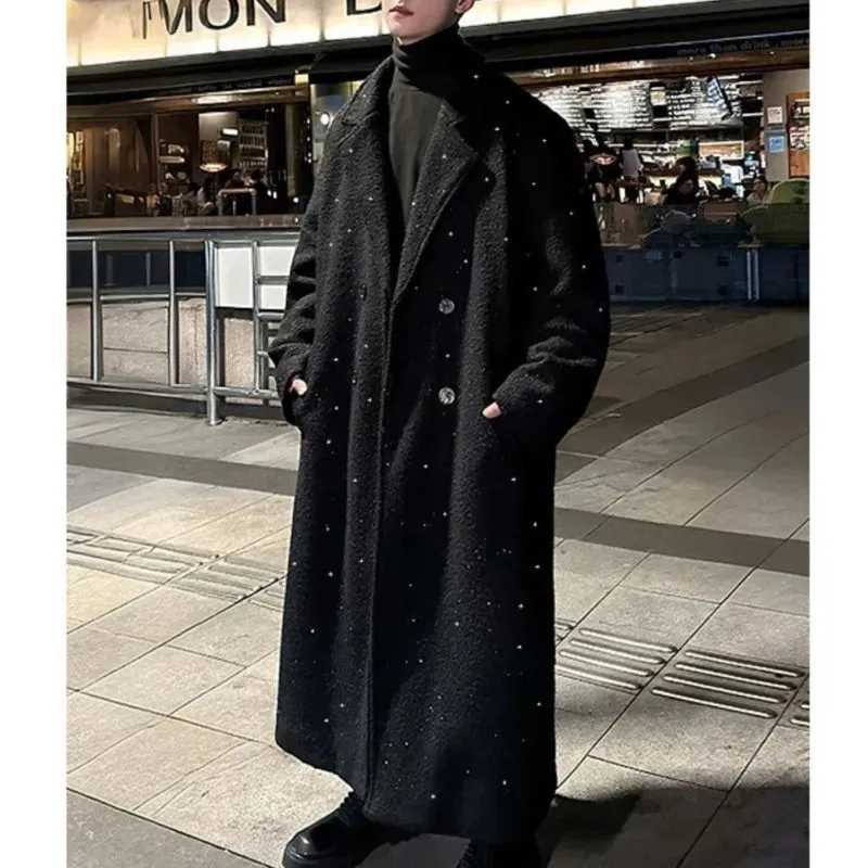 Chicmy-Shiny thick trench coat chic sequin autumn winter men's warm woolen coat casual double breasted long overknee woolen coat