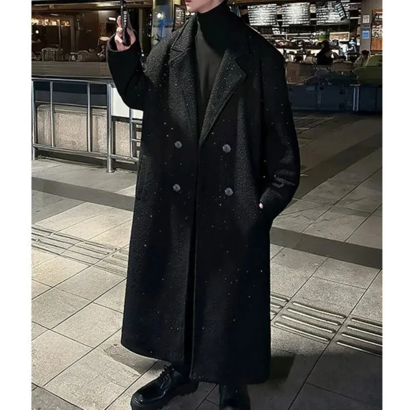 Chicmy-Shiny thick trench coat chic sequin autumn winter men's warm woolen coat casual double breasted long overknee woolen coat