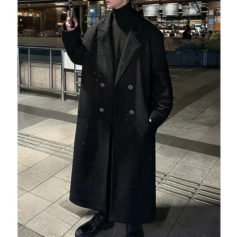 Chicmy-Shiny thick trench coat chic sequin autumn winter men's warm woolen coat casual double breasted long overknee woolen coat