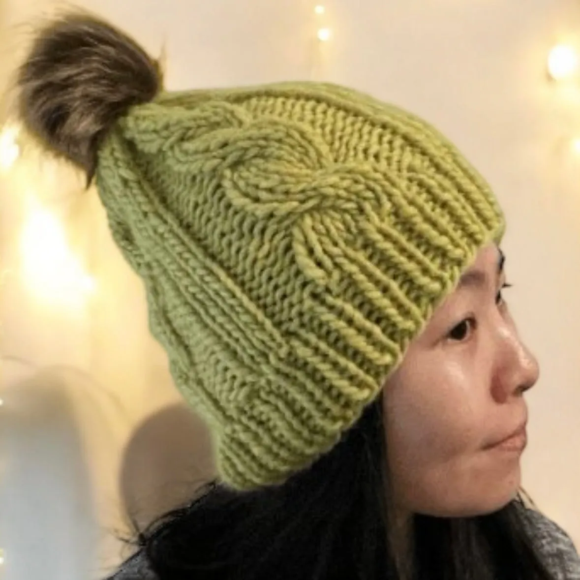 Chunky faux fur pompom cable knit hat | knit winter beanie | cozy warm knit hat |lime green colour hat