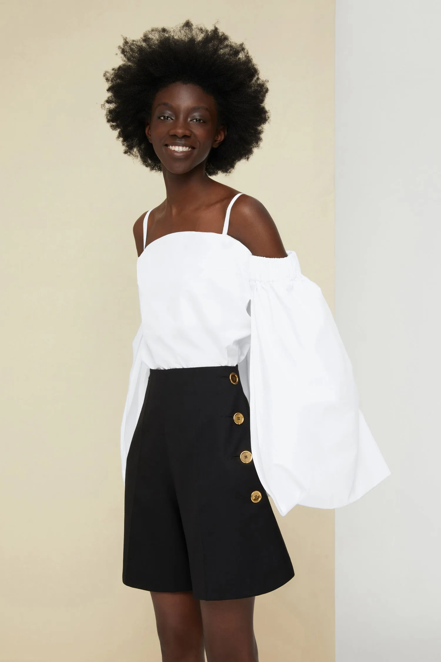 Cold-shoulder cape poplin top