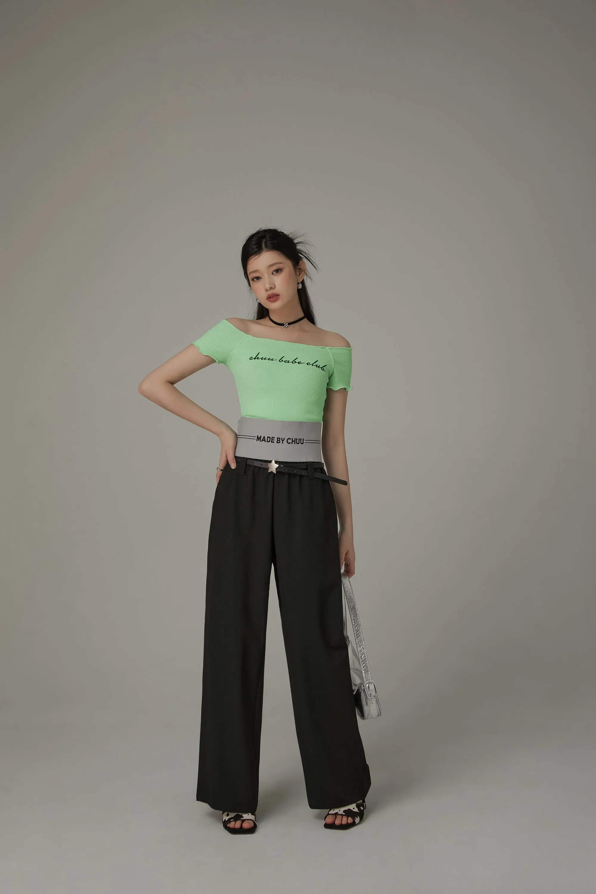 Contrast Letter High Waist Banded Wide Pants