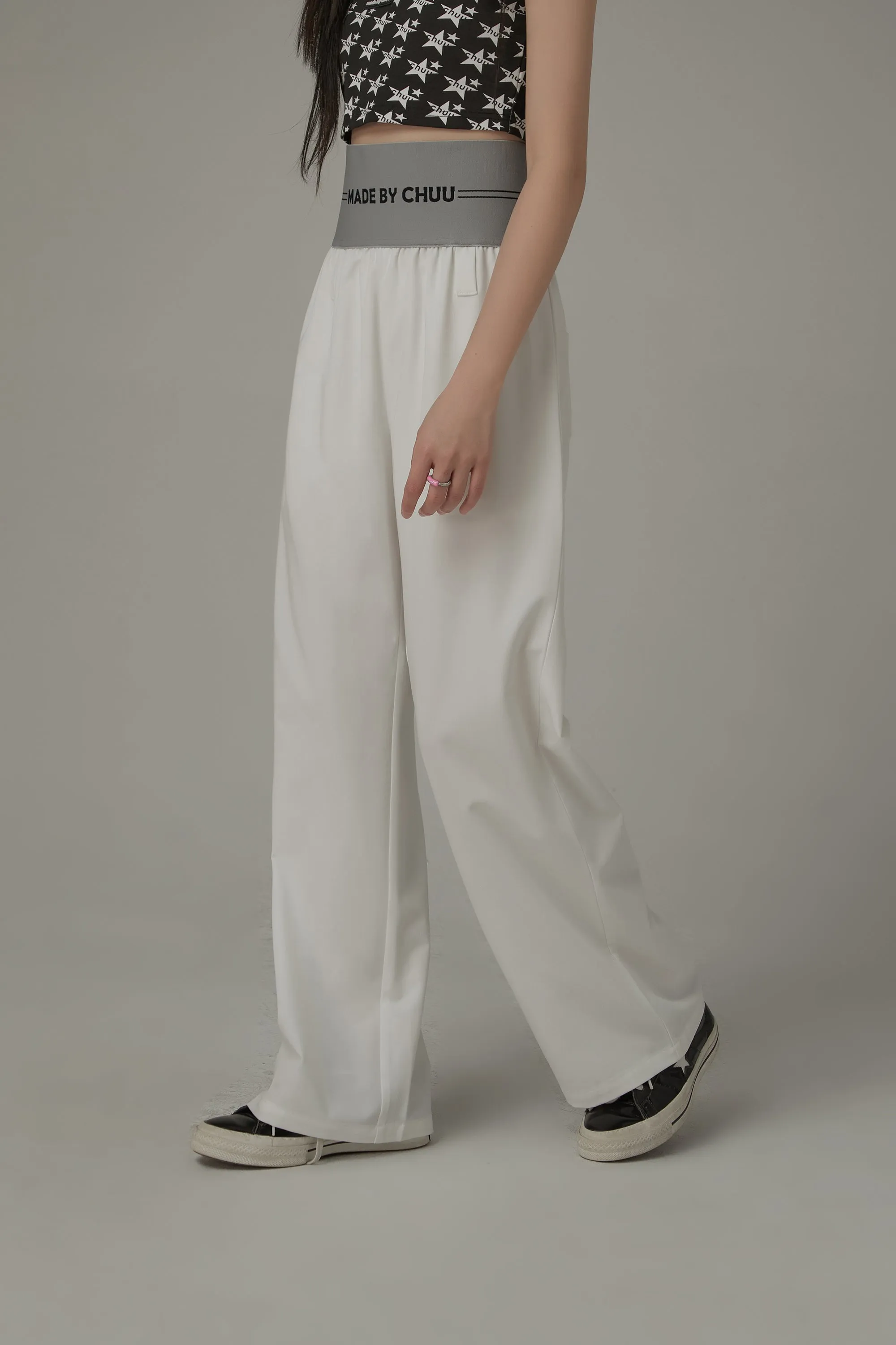 Contrast Letter High Waist Banded Wide Pants