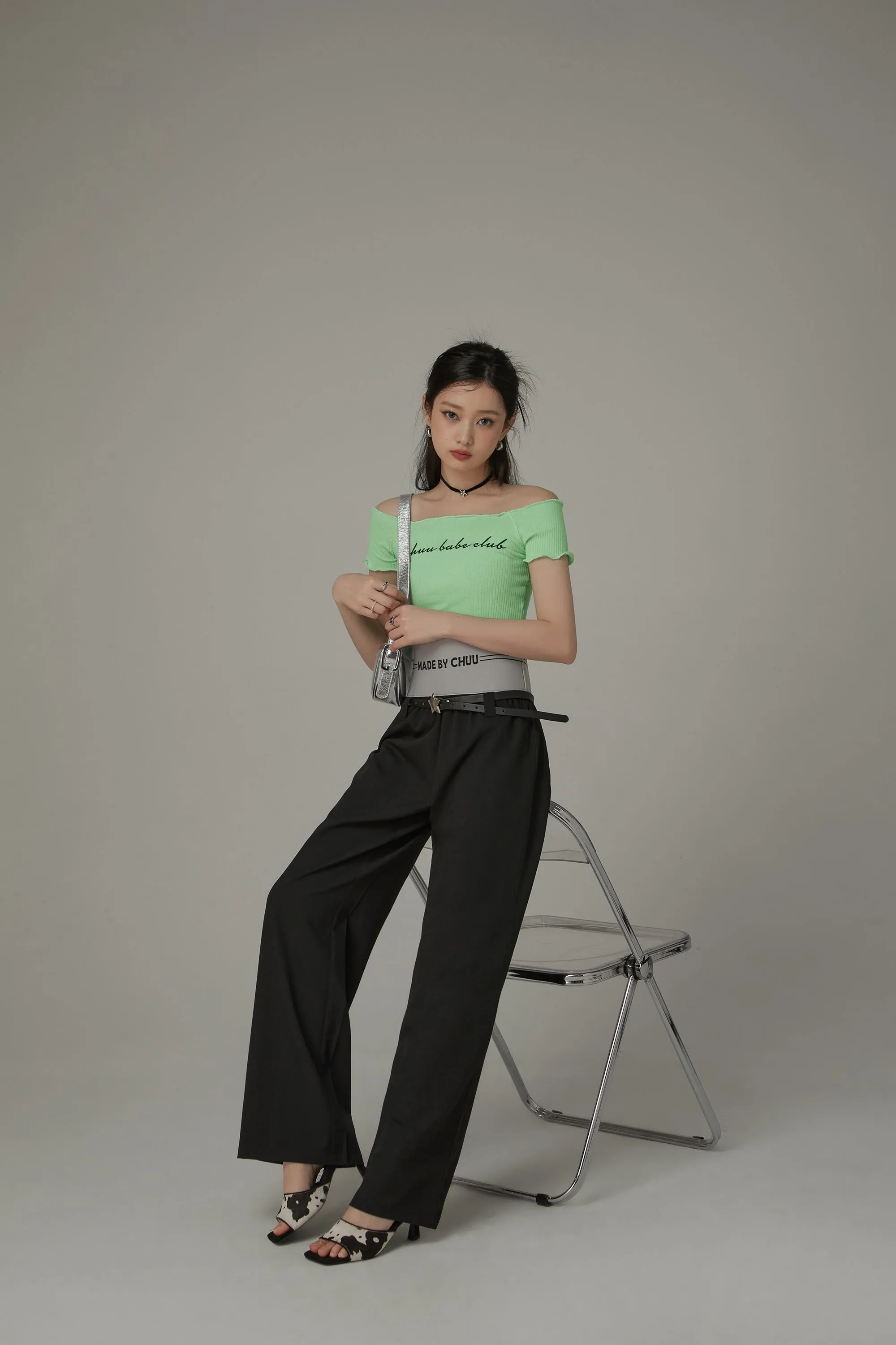 Contrast Letter High Waist Banded Wide Pants