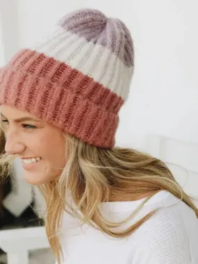 Cozy Color Block Wool Beanie - Rose/Lavender