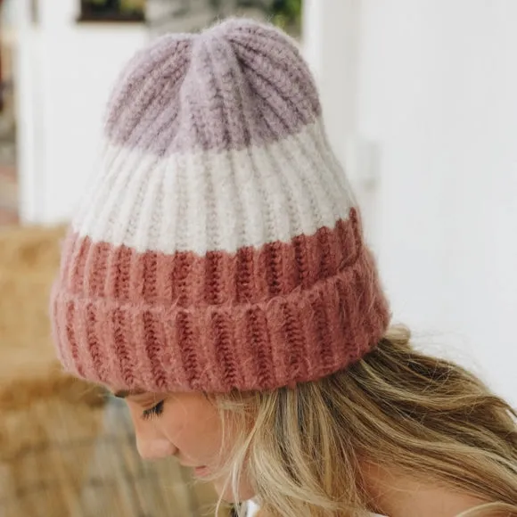 Cozy Color Block Wool Beanie - Rose/Lavender