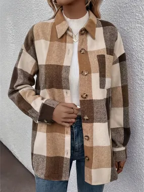 Curved Hem Plaid Collared Neck Shacket