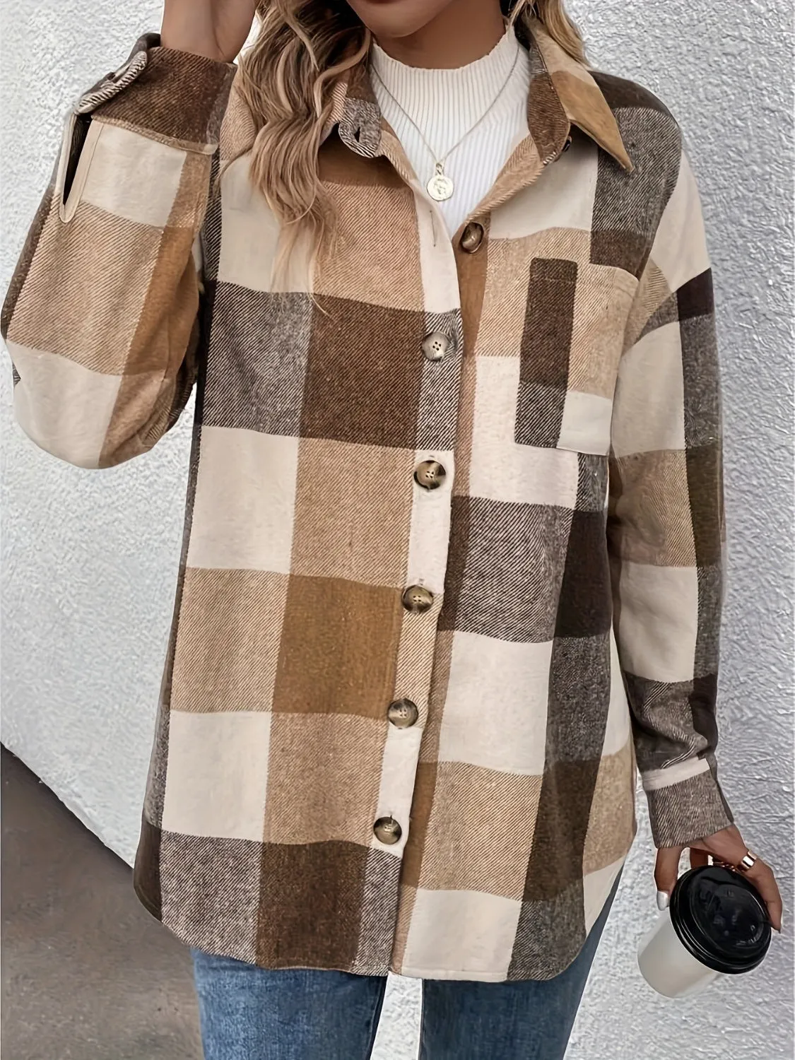 Curved Hem Plaid Collared Neck Shacket