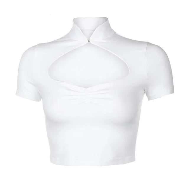 Cut Out White Solid Cheongsam Collar Slim Short Sleeve Tees