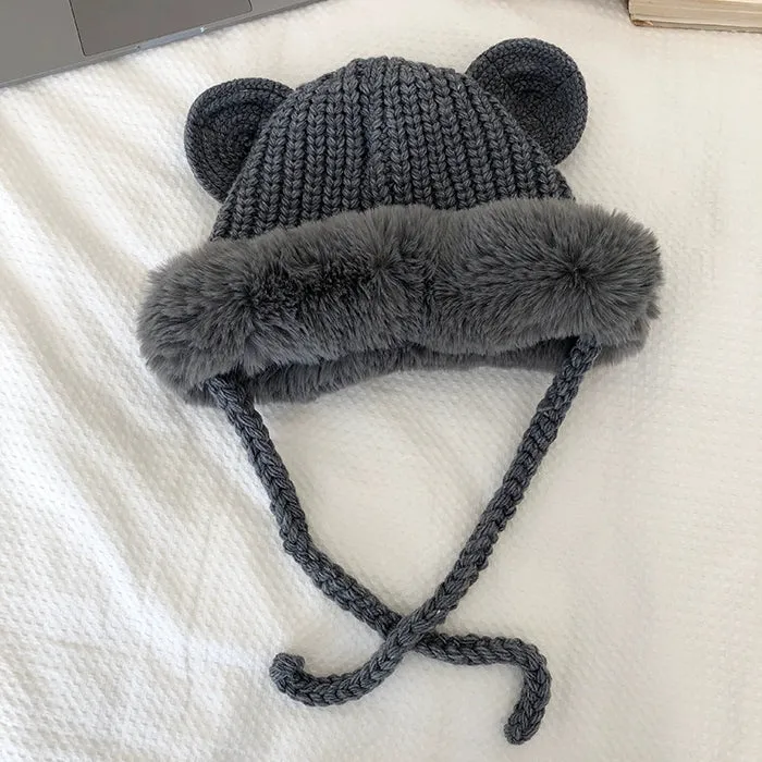 Cute Foreign Style Plush Knitted Hat - Double Layer Ear Protection