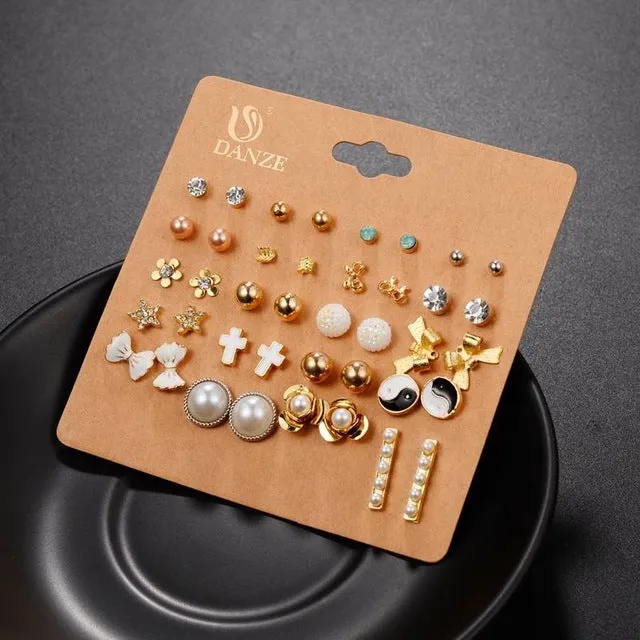 DANZE 20 Pairs/lot Punk Fashion Stud Earrings Set For Women Elegant Mixed Crystal Flower Bow metal Ball Earings Jewelry 5 Styles