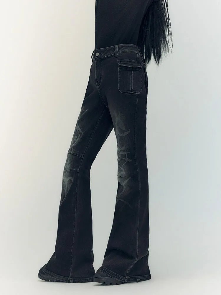 Denim Faded High-Waist Glossy Flare-Pants