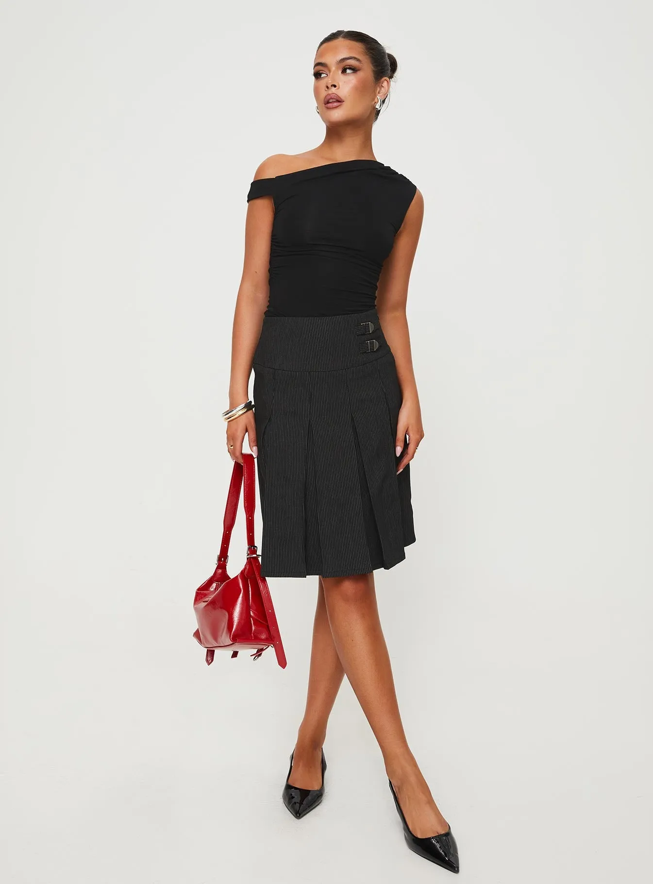 Dereveko Pleated Midi Skirt Black Pinstripe