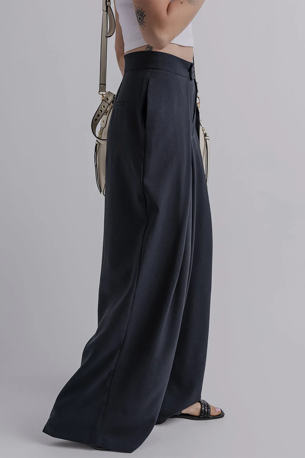 Dirty blue Dual Buttoned High Waist Pleated Wide Leg Pants