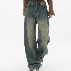 Distressed Design High Waist Niche Straight Jeans Loose Wide-leg Draggle-tail Trousers