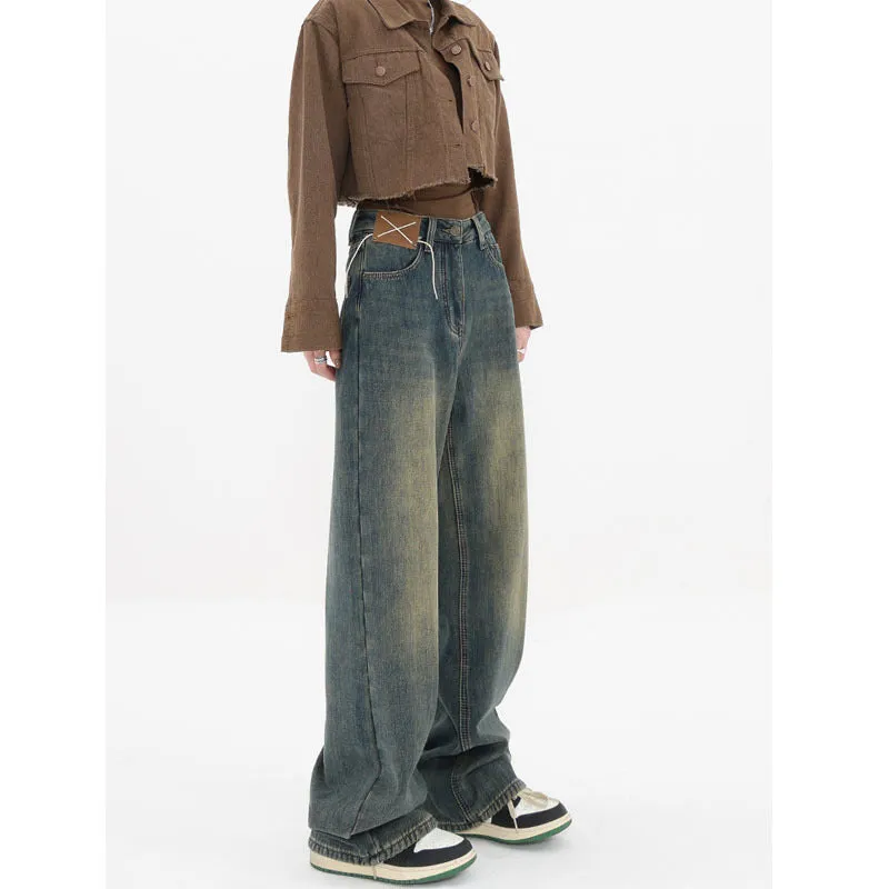 Distressed Design High Waist Niche Straight Jeans Loose Wide-leg Draggle-tail Trousers