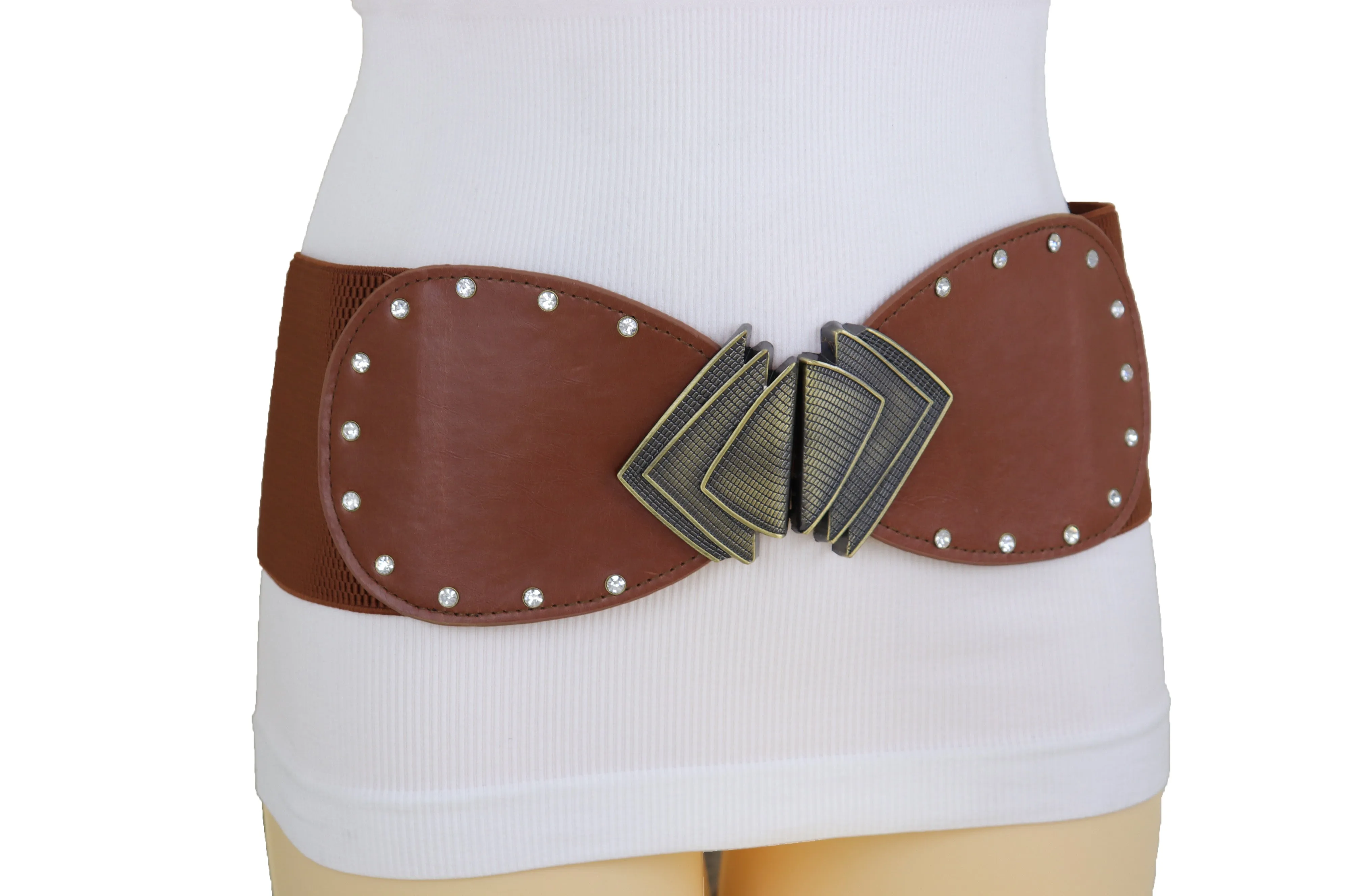 Elastic Wide Brown Faux Leather Corset Waist Hip Belt Fan Buckle Size S M