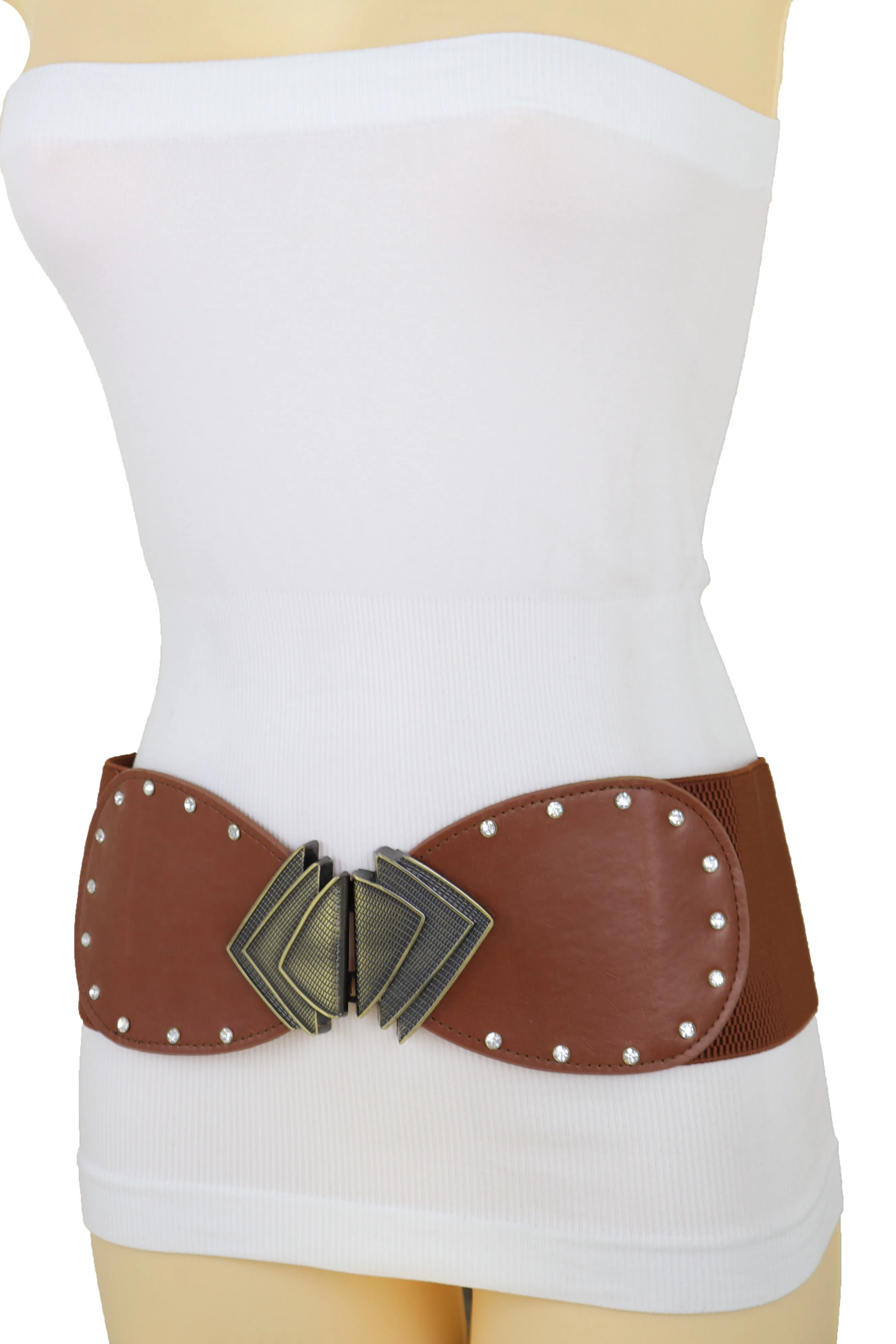 Elastic Wide Brown Faux Leather Corset Waist Hip Belt Fan Buckle Size S M