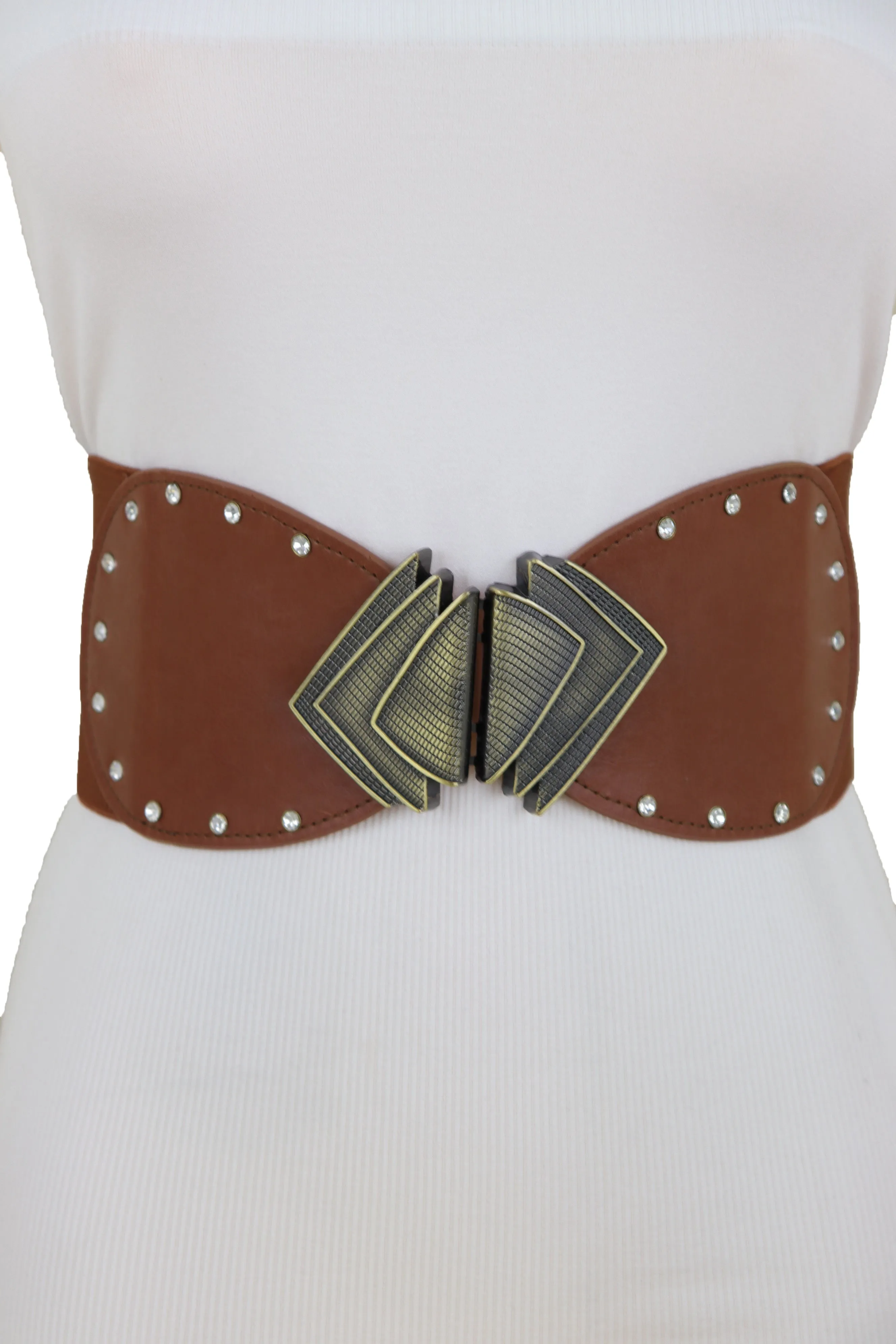 Elastic Wide Brown Faux Leather Corset Waist Hip Belt Fan Buckle Size S M