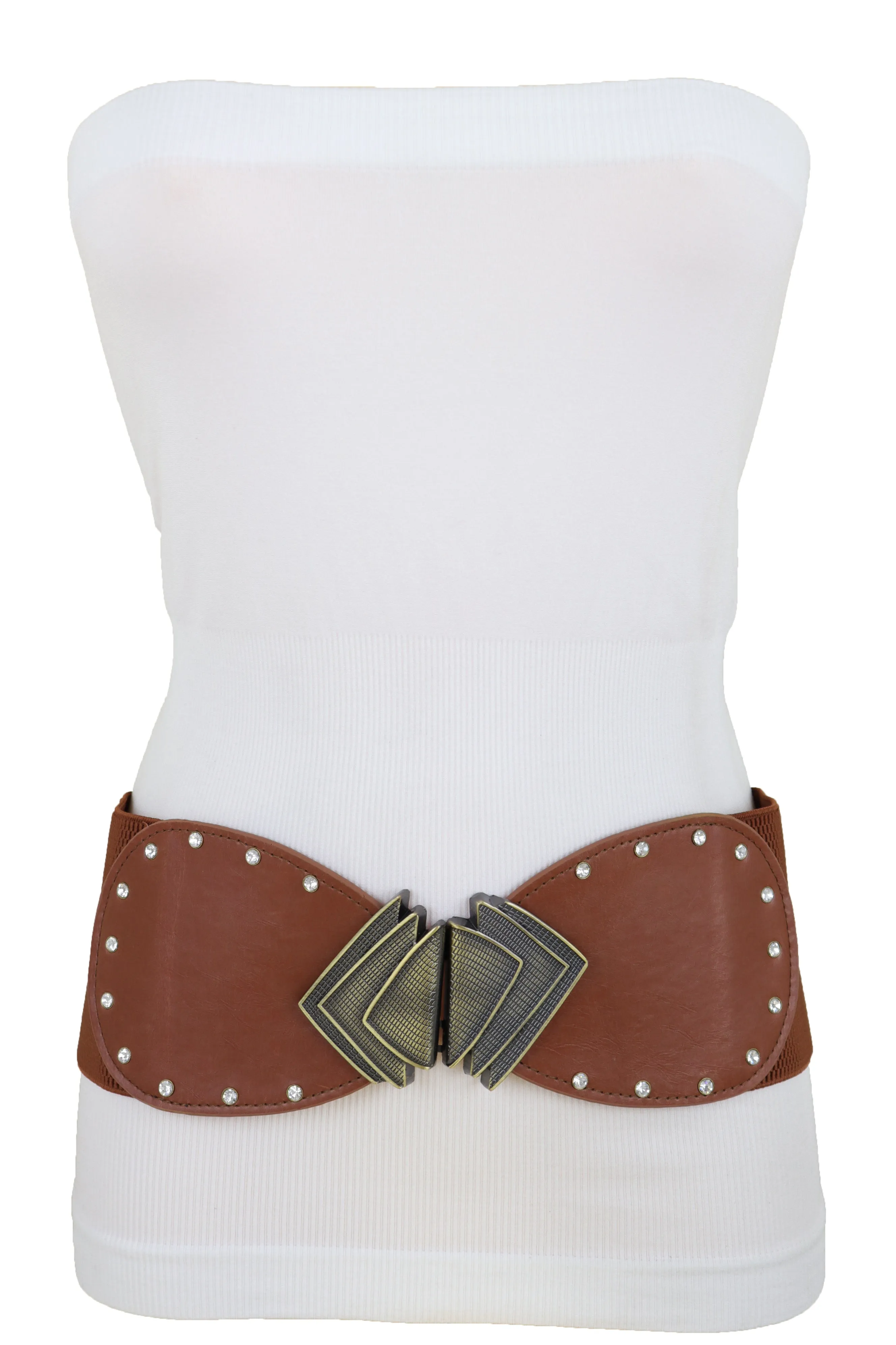 Elastic Wide Brown Faux Leather Corset Waist Hip Belt Fan Buckle Size S M