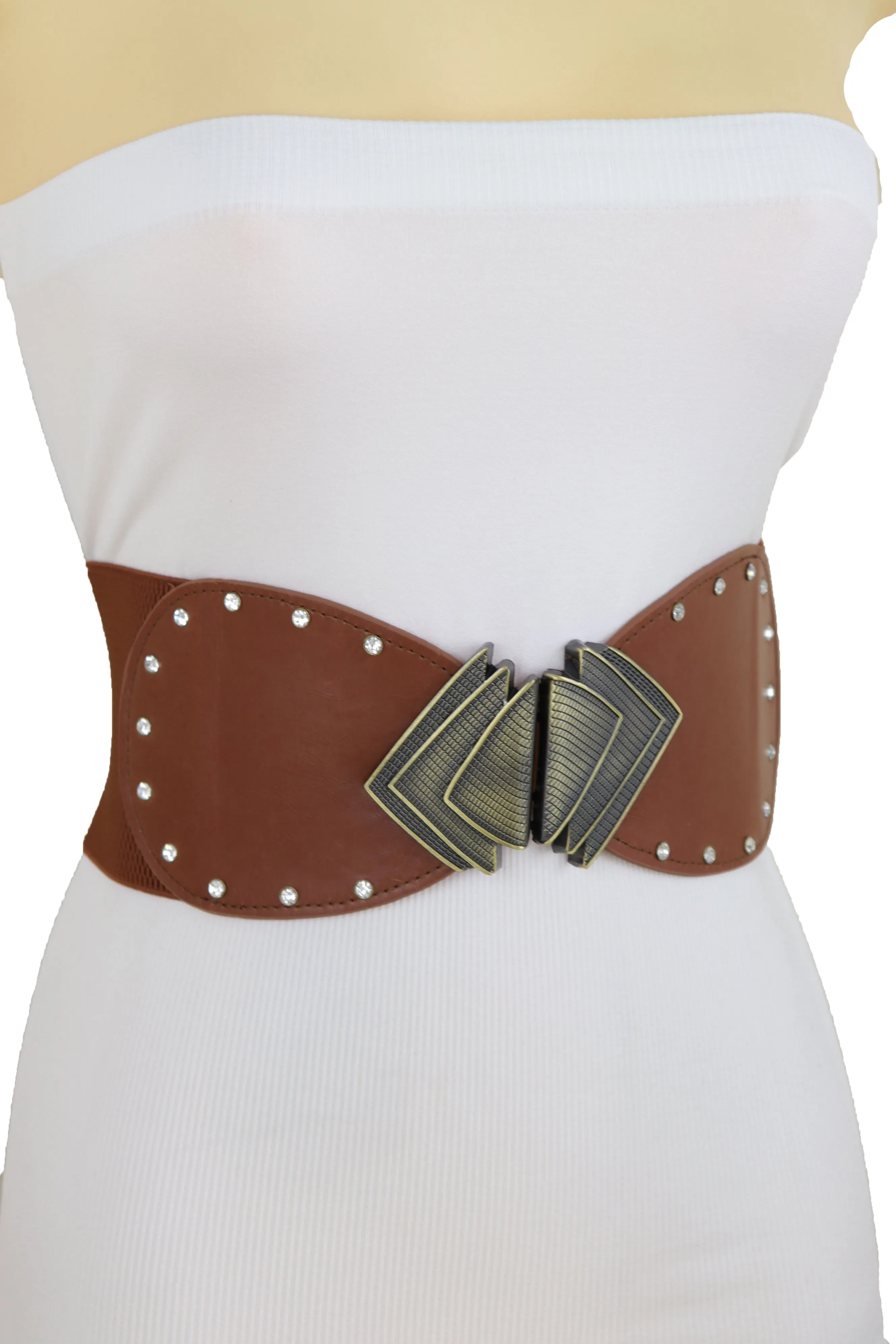 Elastic Wide Brown Faux Leather Corset Waist Hip Belt Fan Buckle Size S M