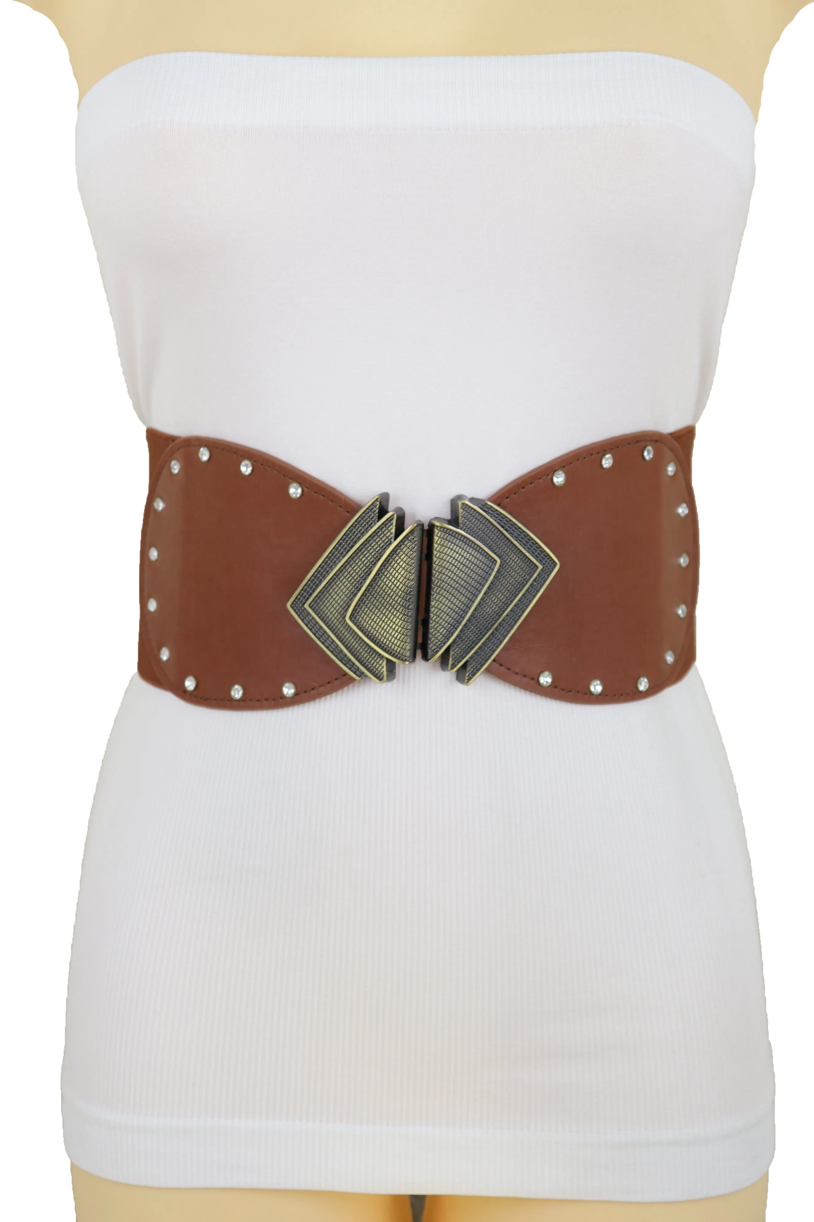 Elastic Wide Brown Faux Leather Corset Waist Hip Belt Fan Buckle Size S M