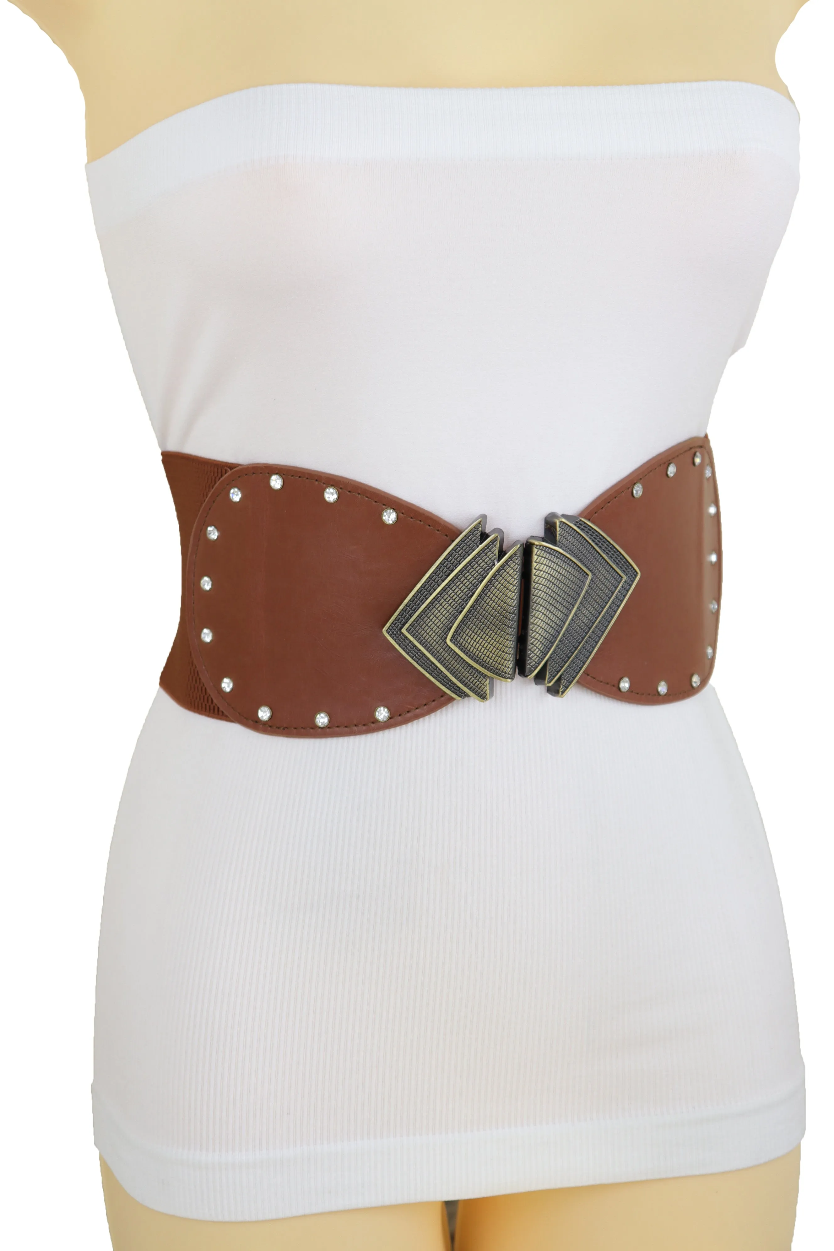 Elastic Wide Brown Faux Leather Corset Waist Hip Belt Fan Buckle Size S M