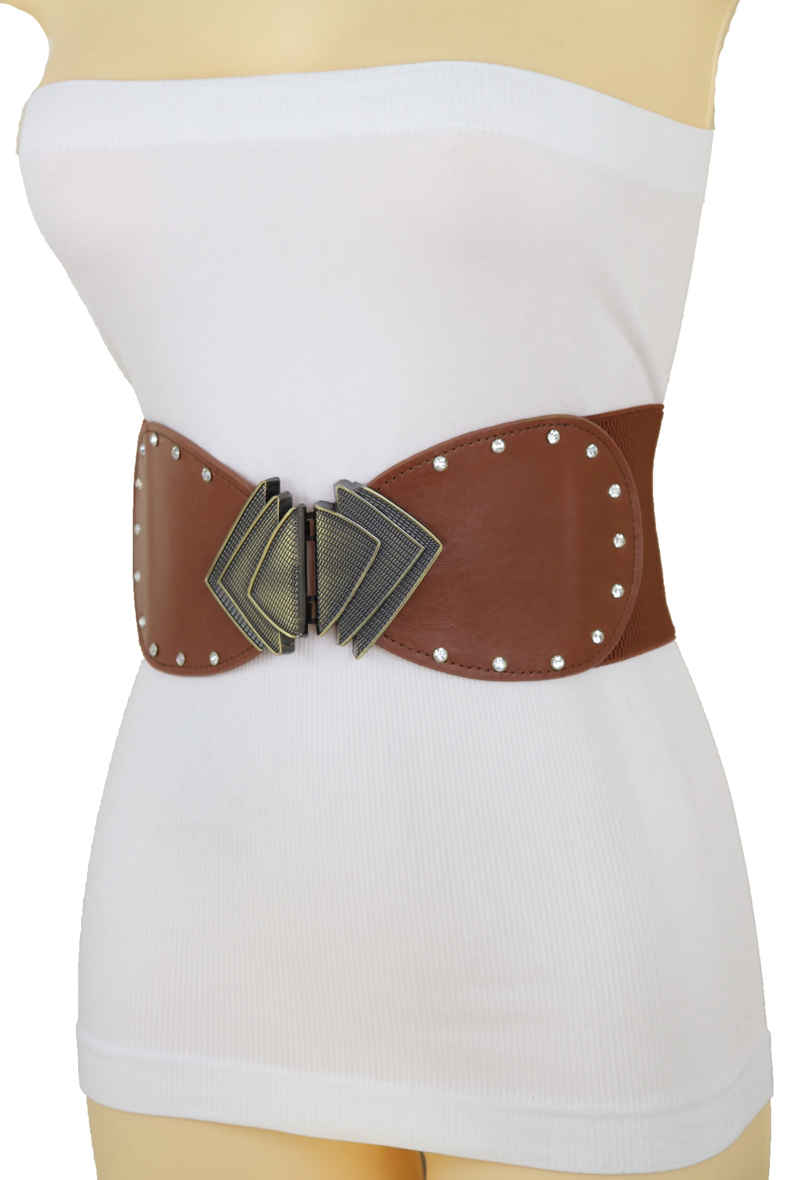 Elastic Wide Brown Faux Leather Corset Waist Hip Belt Fan Buckle Size S M