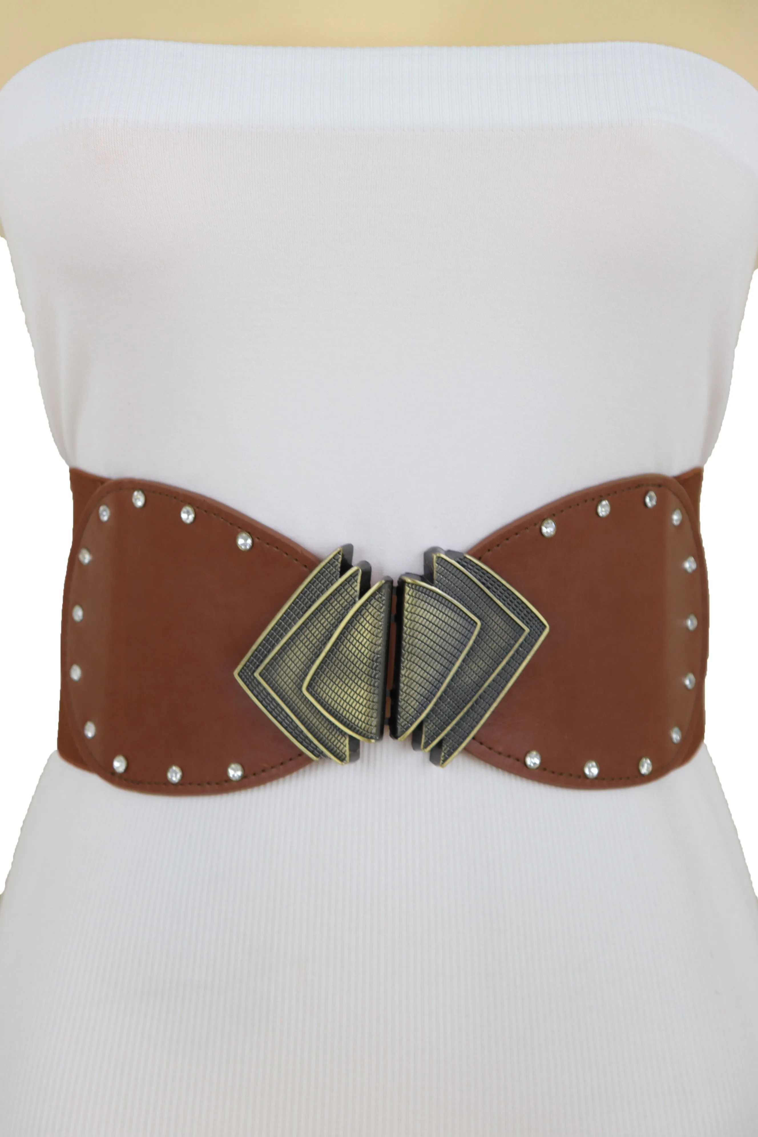 Elastic Wide Brown Faux Leather Corset Waist Hip Belt Fan Buckle Size S M