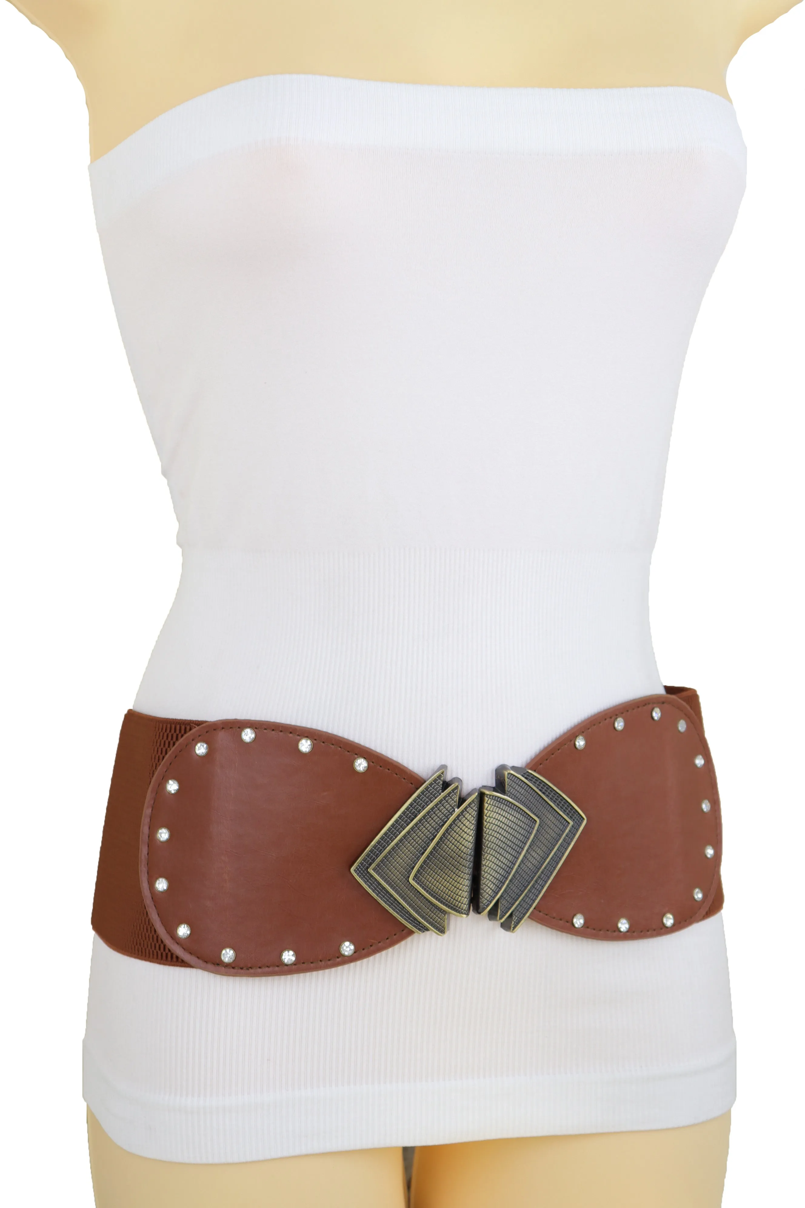 Elastic Wide Brown Faux Leather Corset Waist Hip Belt Fan Buckle Size S M