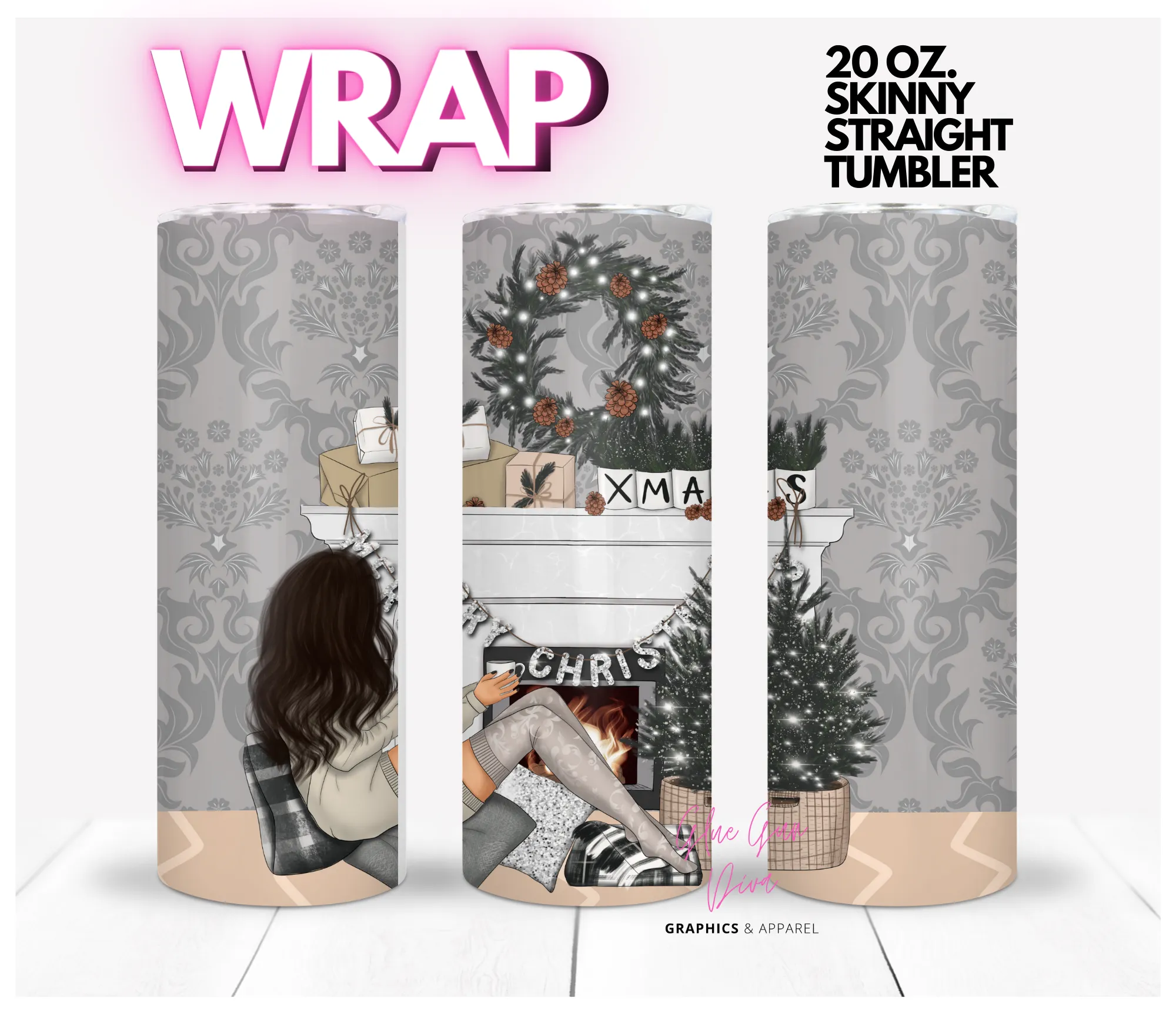 Elegant Christmas Fireplace - Digital tumbler wrap for 20 oz skinny straight tumbler