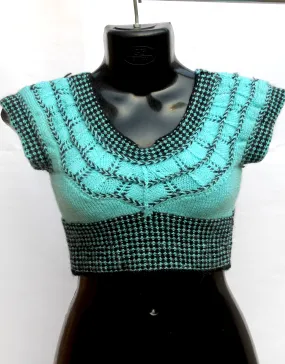 Elegant Round Neck Style Handmade Graminarts Blouse For Women - Baby Blue & Black