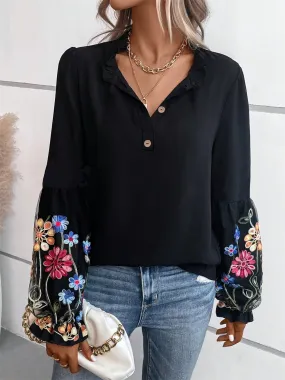 Embroidered Notched Floral Long Sleeve Blouse