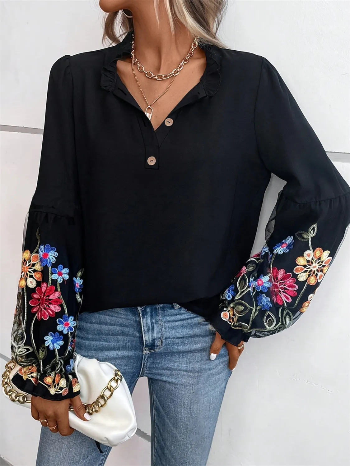 Embroidered Notched Floral Long Sleeve Blouse