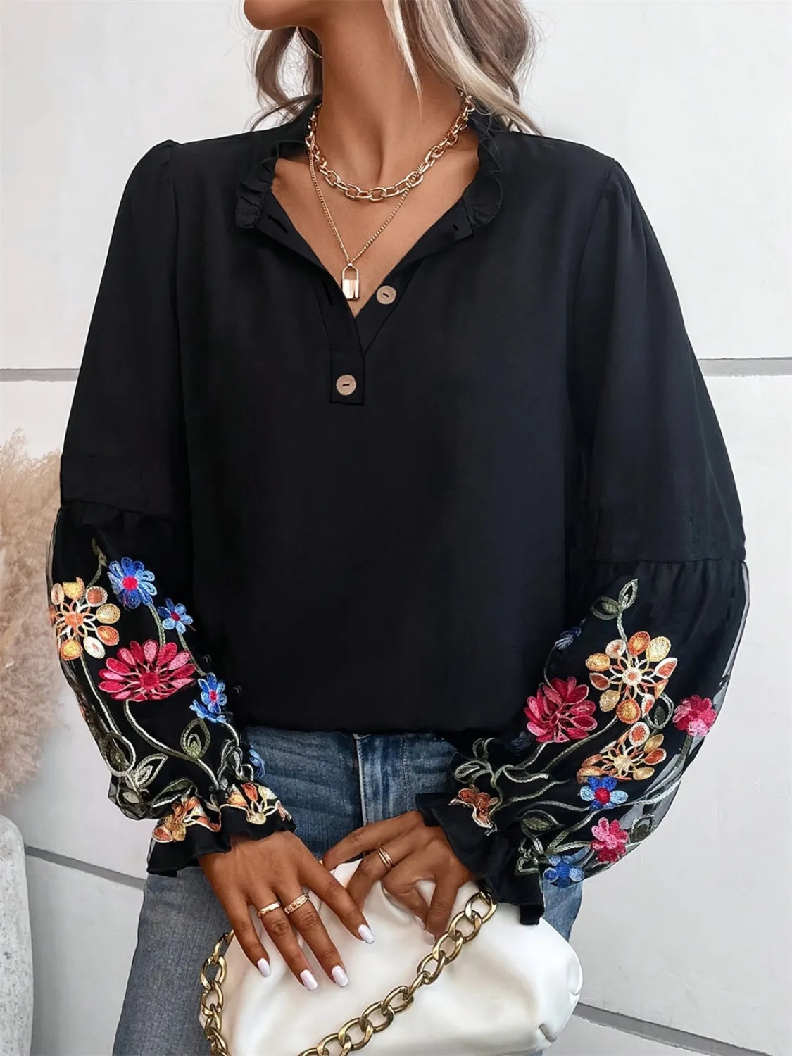 Embroidered Notched Floral Long Sleeve Blouse