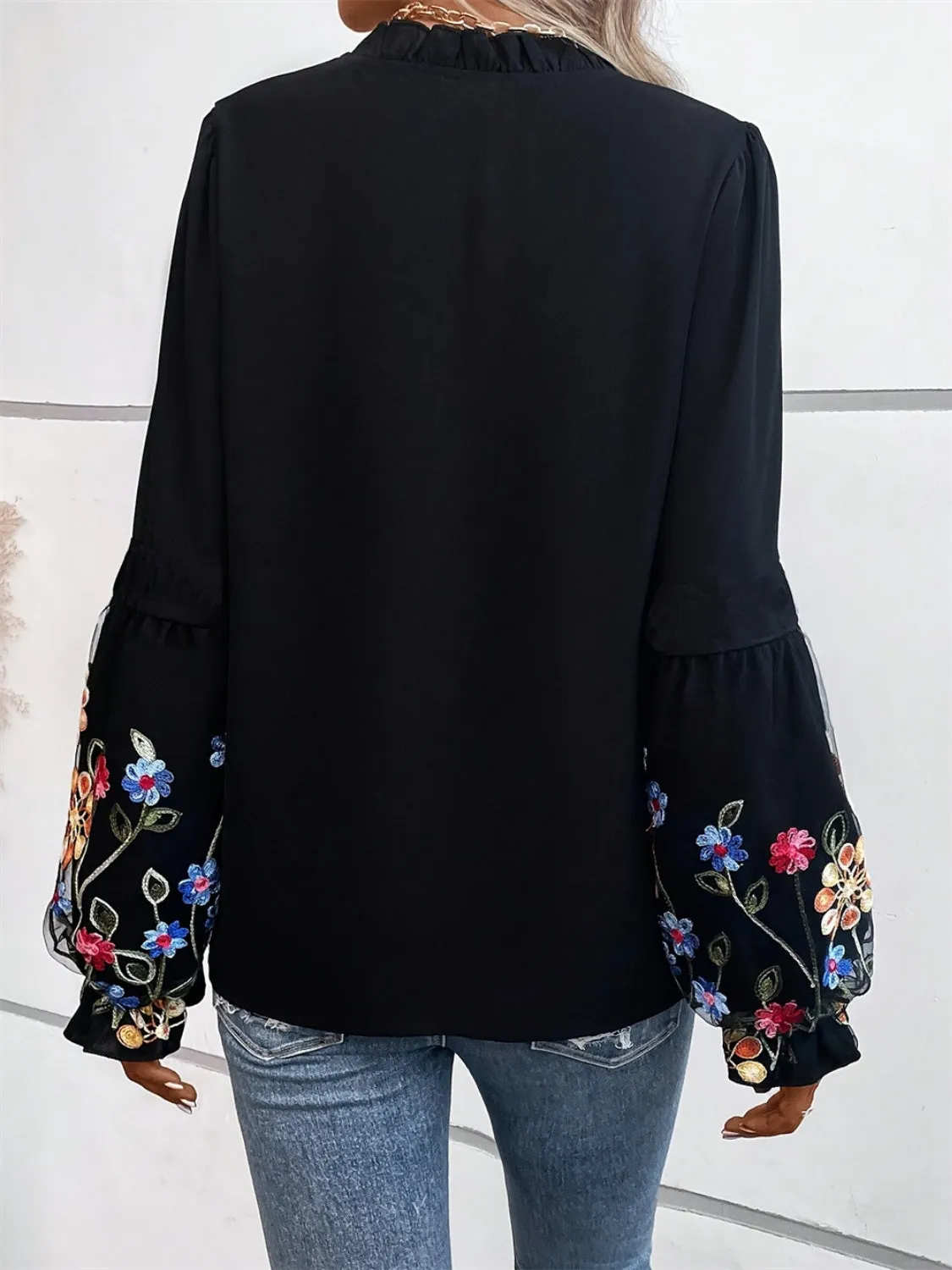 Embroidered Notched Floral Long Sleeve Blouse