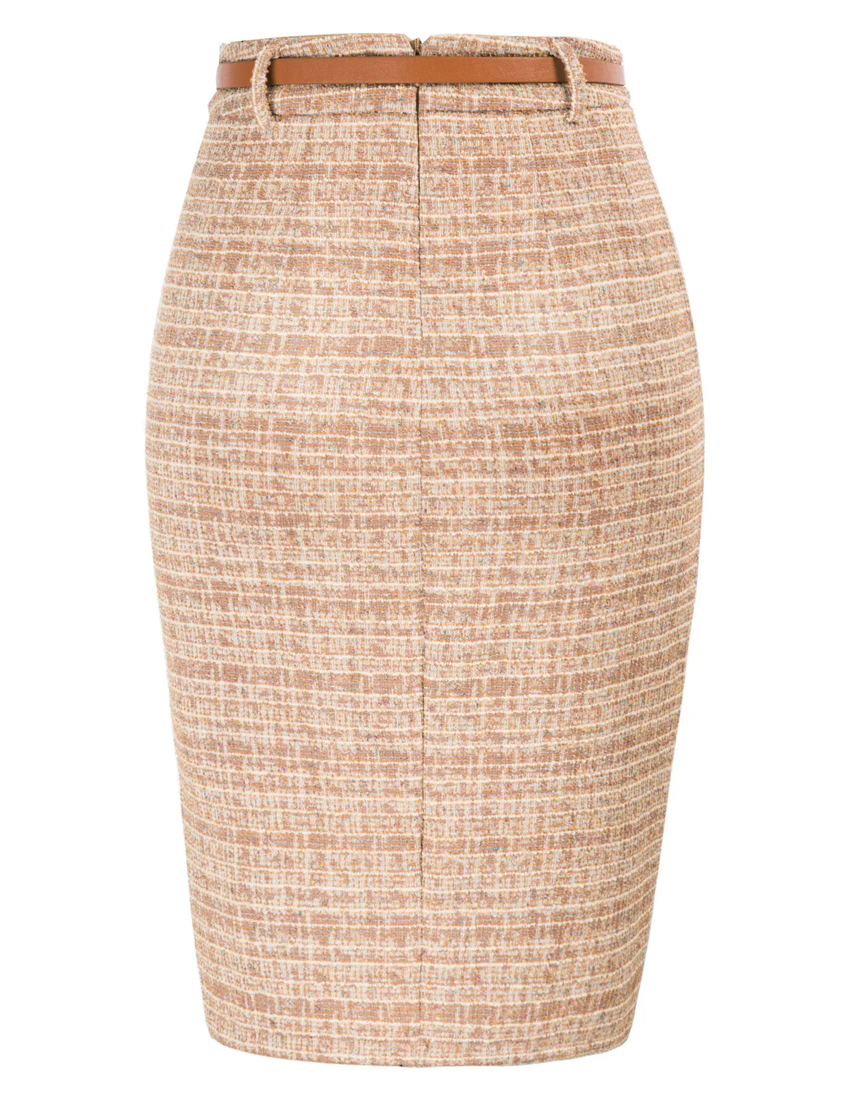 Fashion Tweed Bodycon Skirt with Belt High Waist Knee Length Slit Front