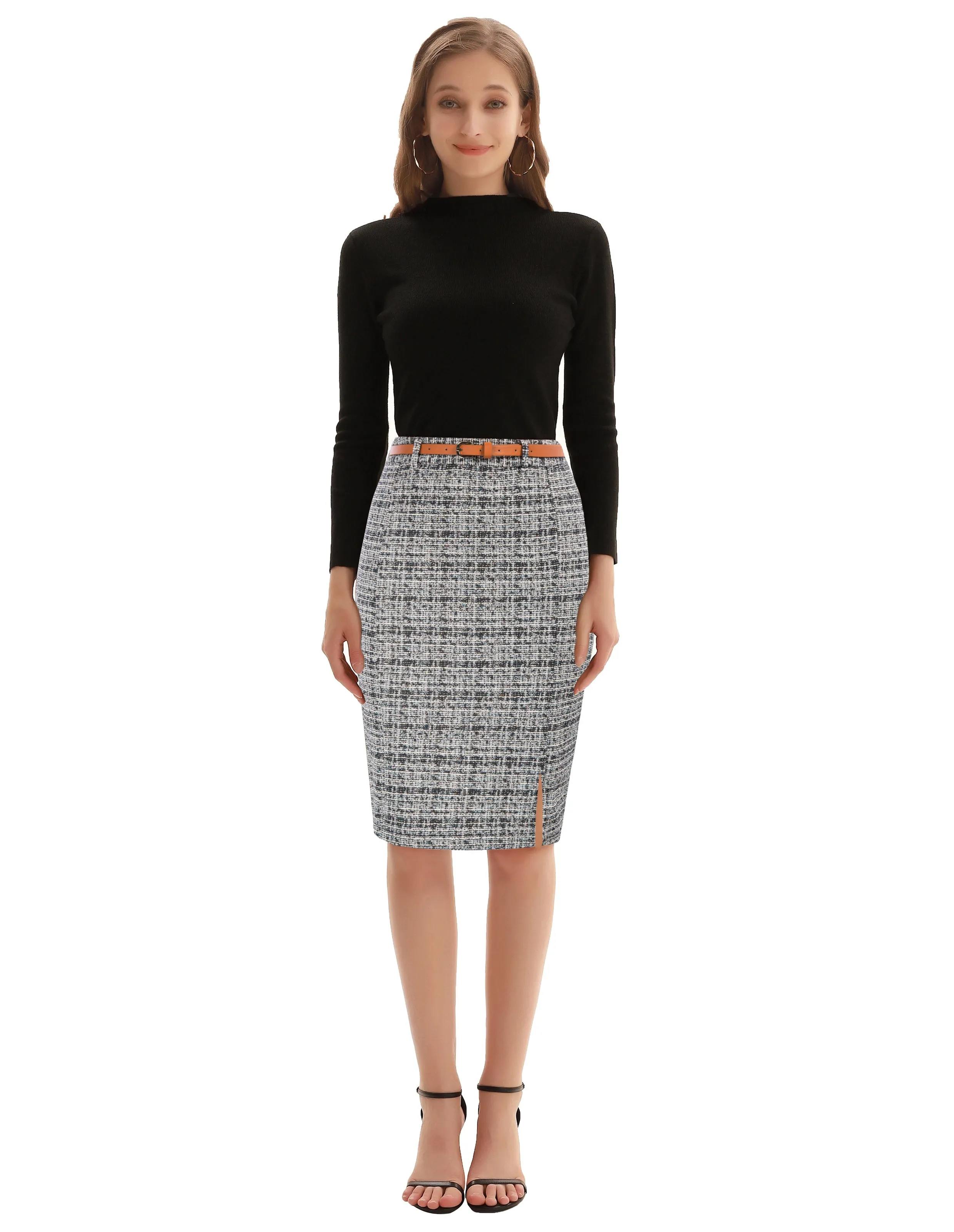 Fashion Tweed Bodycon Skirt with Belt High Waist Knee Length Slit Front