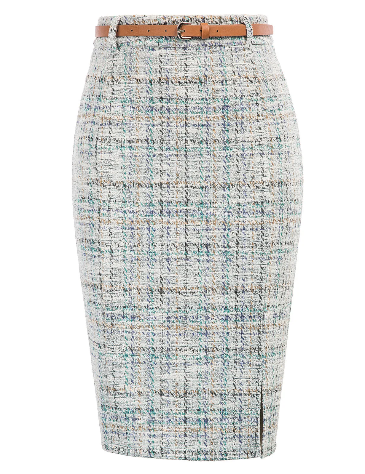 Fashion Tweed Bodycon Skirt with Belt High Waist Knee Length Slit Front