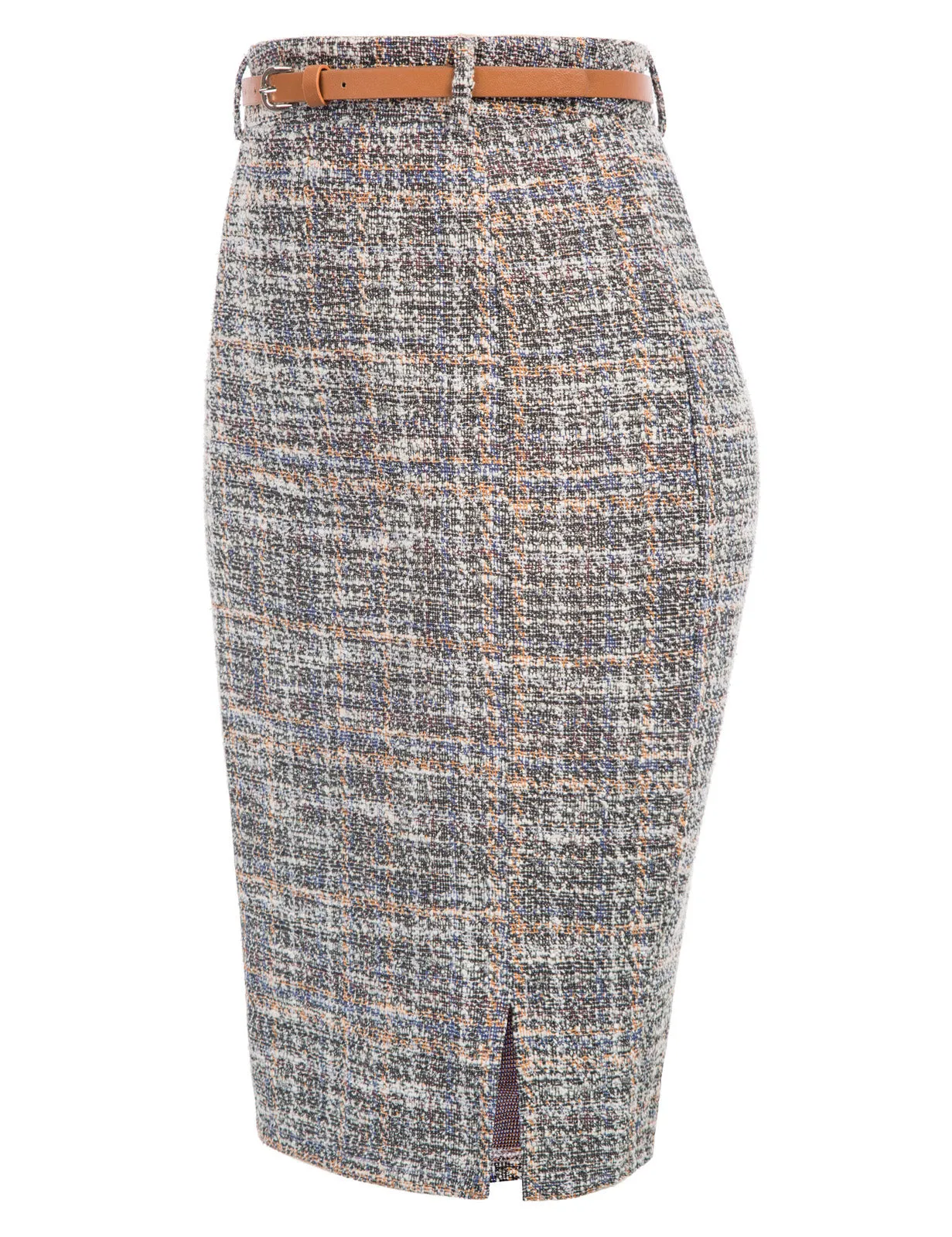 Fashion Tweed Bodycon Skirt with Belt High Waist Knee Length Slit Front