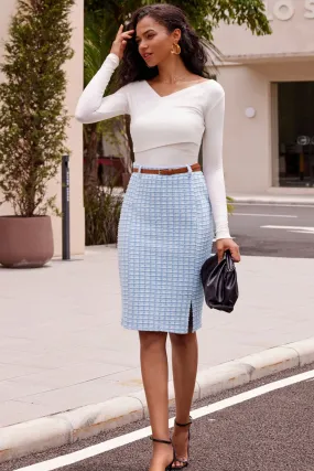 Fashion Tweed Bodycon Skirt with Belt High Waist Knee Length Slit Front