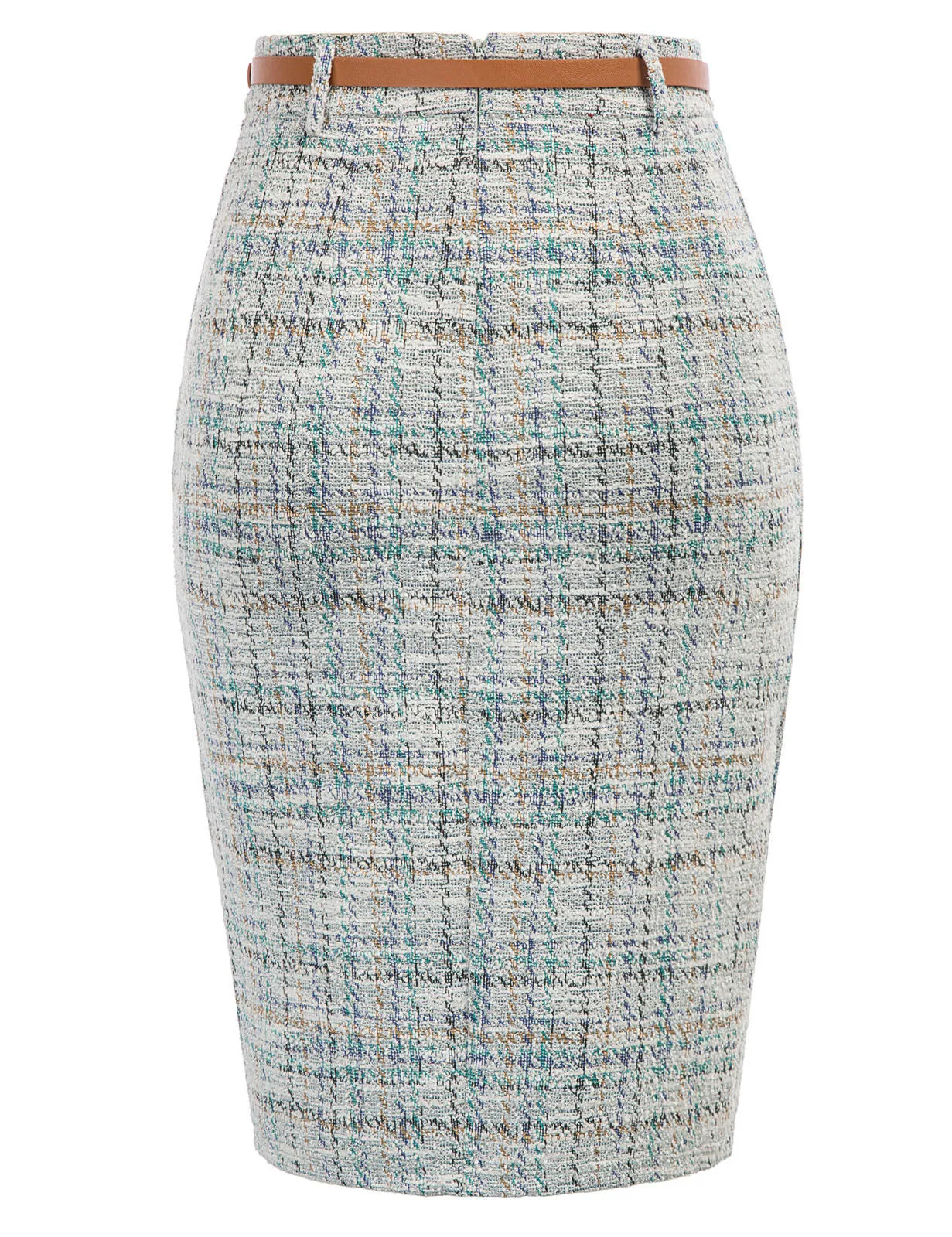 Fashion Tweed Bodycon Skirt with Belt High Waist Knee Length Slit Front