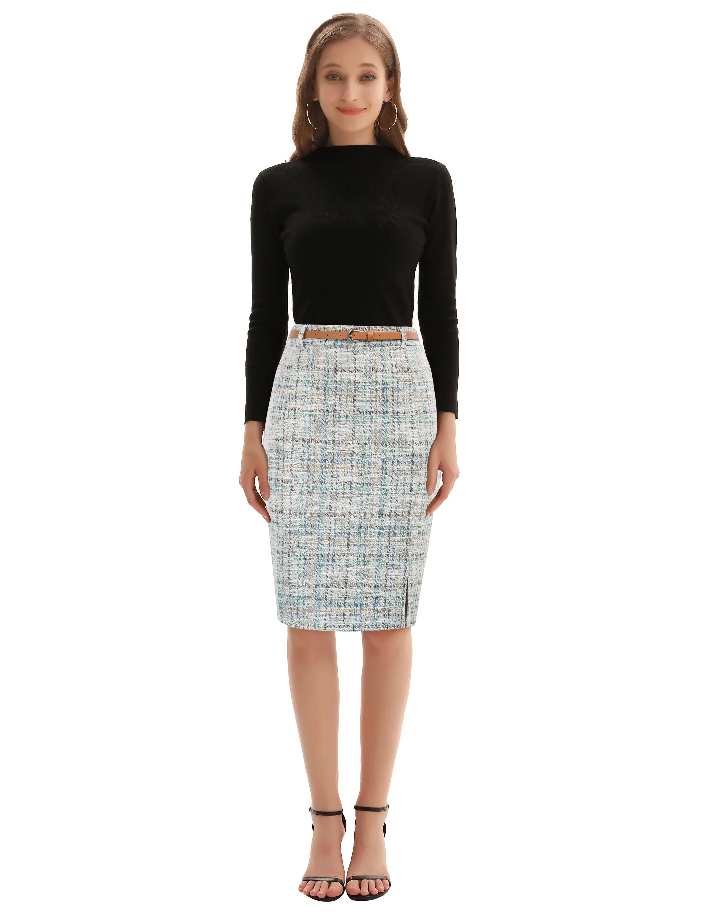 Fashion Tweed Bodycon Skirt with Belt High Waist Knee Length Slit Front