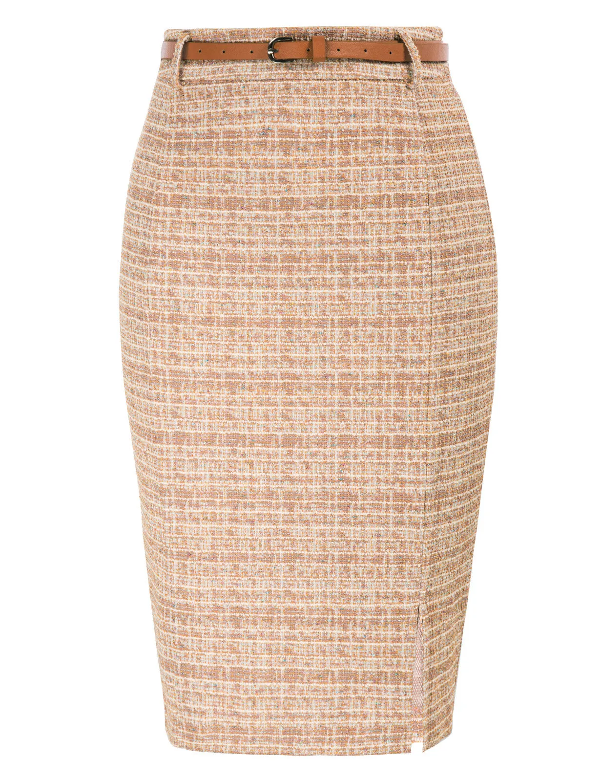 Fashion Tweed Bodycon Skirt with Belt High Waist Knee Length Slit Front