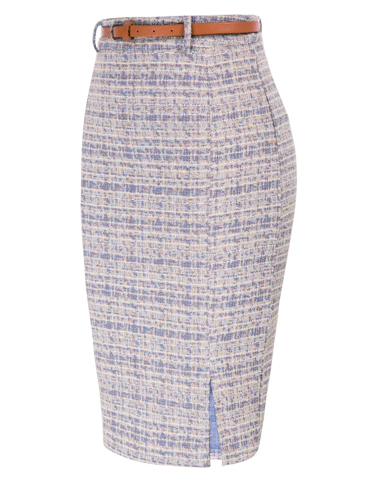 Fashion Tweed Bodycon Skirt with Belt High Waist Knee Length Slit Front